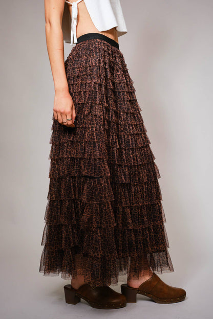 High Waist Elastic Tiered Ruffle A-Line Maxi Skirt