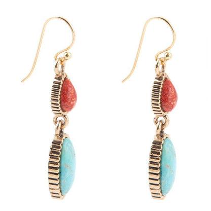 Barse Blue Turquoise and Red Coral Golden Drop Earrings