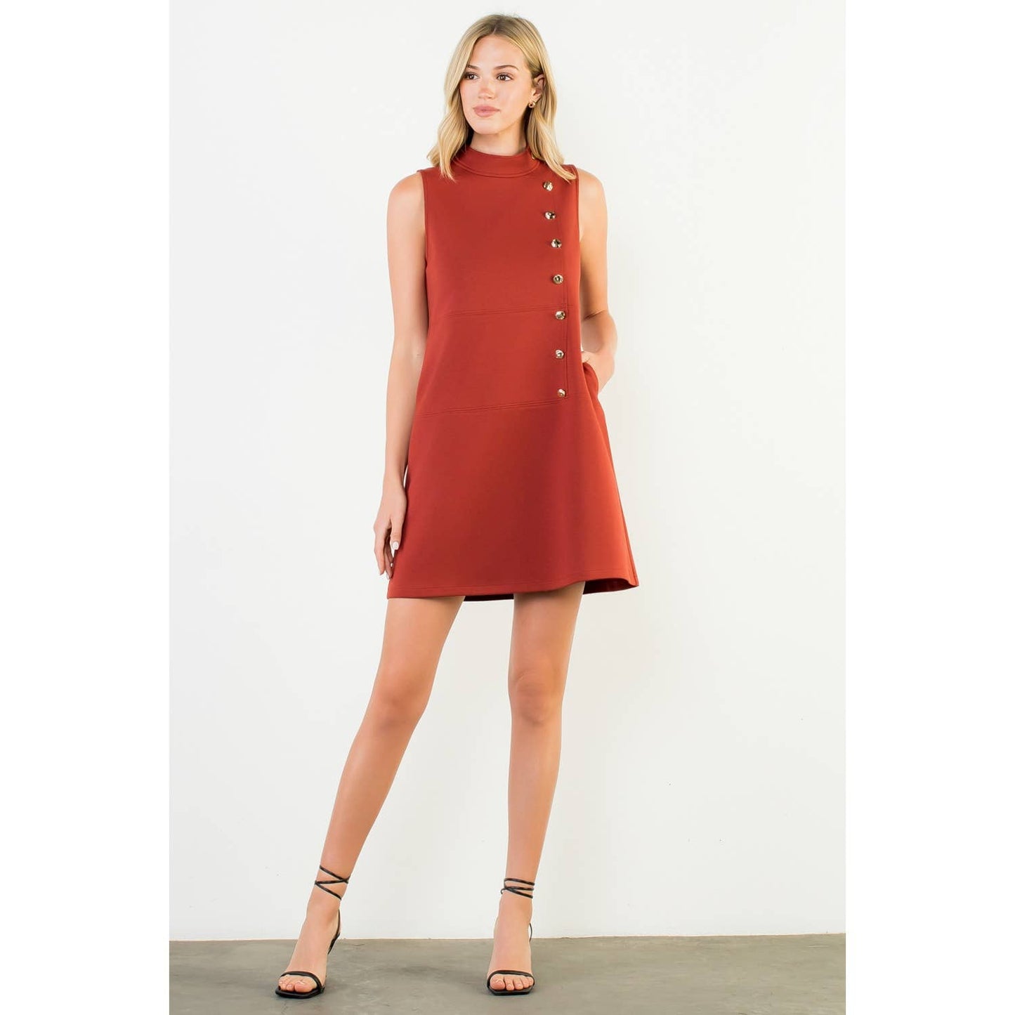 Button Detail High Neck Sleeveless Dress