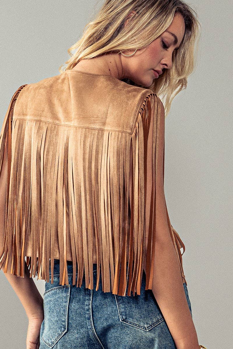 Western Faux Suede Fringe Open Front Jacket