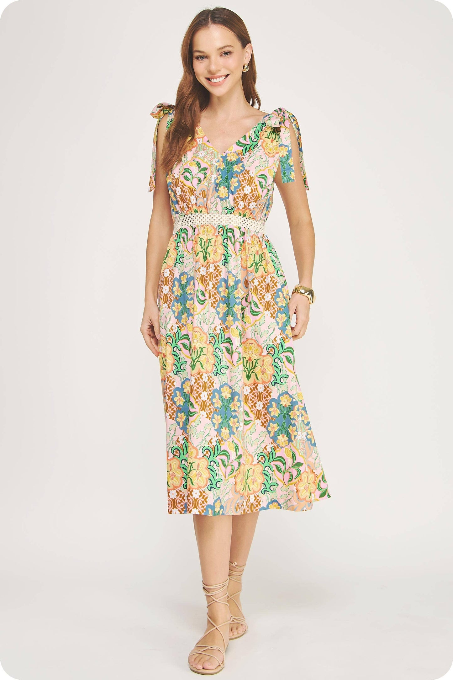 Garden Party Tie Shoulder Crochet Waist Midi Dress