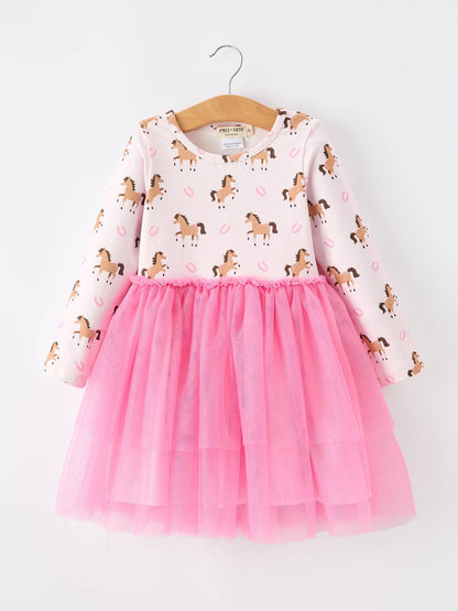 Girl's Western Horse Print Tulle Ruffle Dress