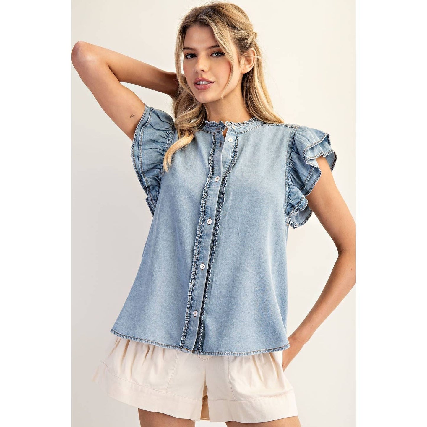 Washed Ruffle Trim Chambray Blouse