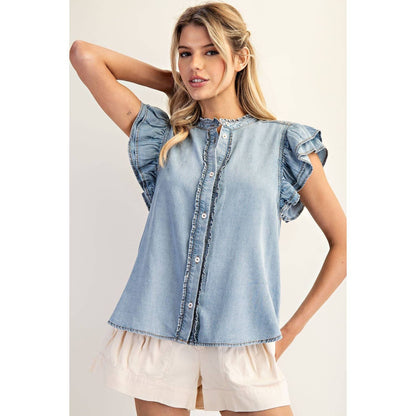 Washed Ruffle Trim Chambray Blouse