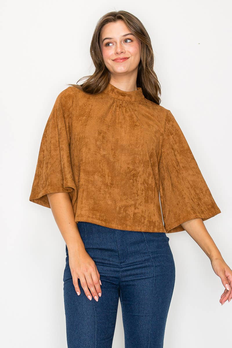 Bell Sleeve Camel Suede Top