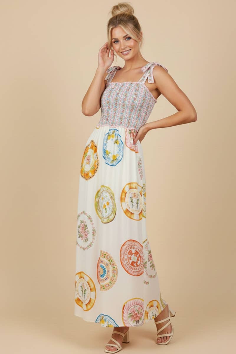 Majolica Plate Print Maxi Dress