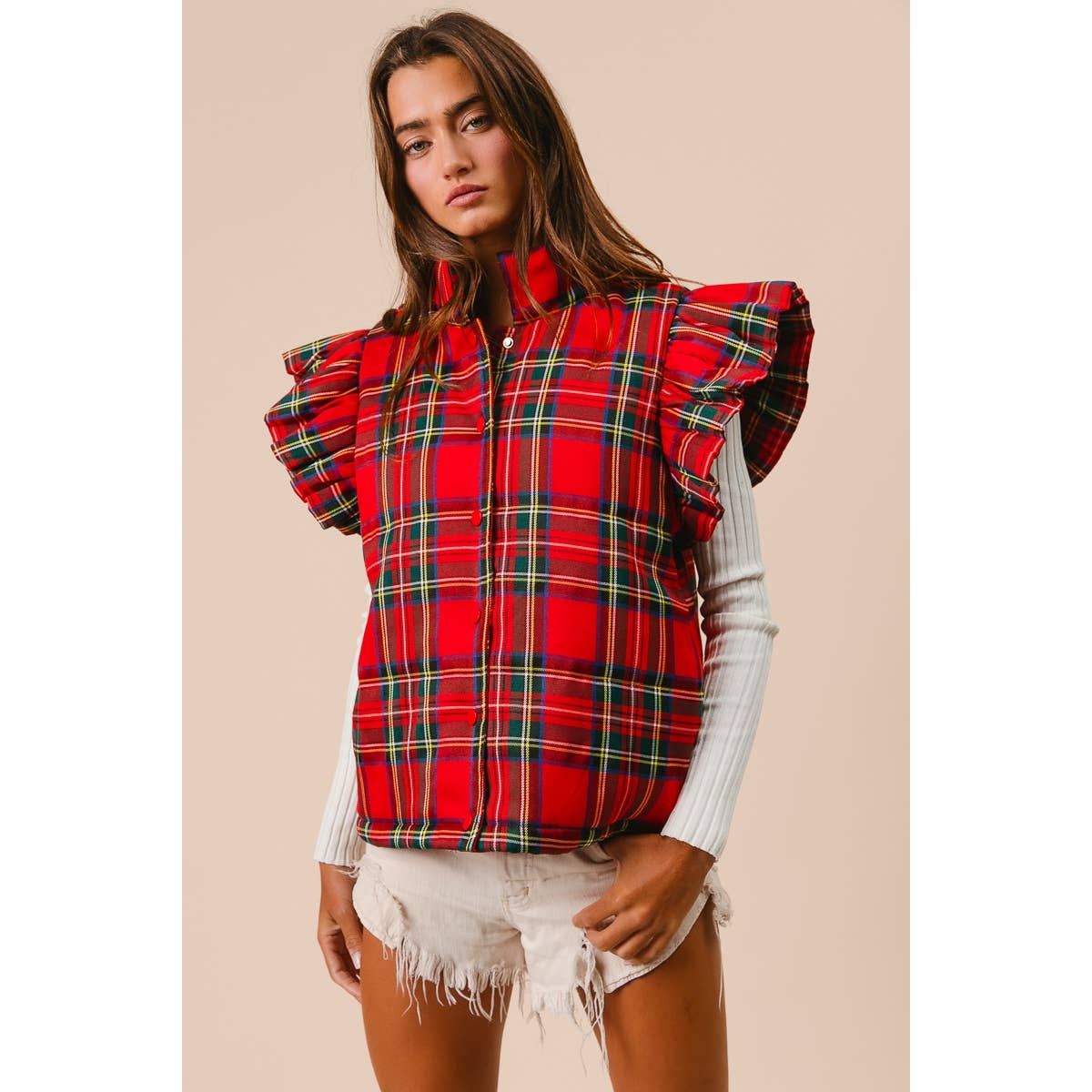 CHRISTMAS PLAID RUFFLE VEST