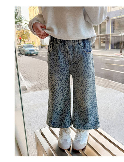 Girl's Blue Leopard Print Denim Wide-Leg Pants