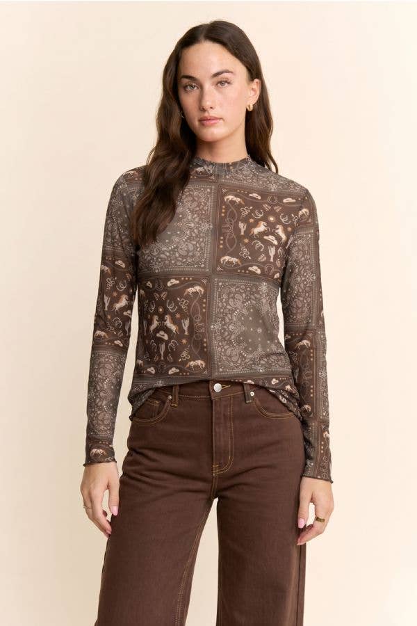 Bandana Print Western Mesh Top