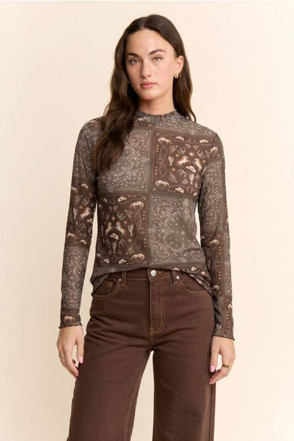 Bandana Print Western Mesh Top