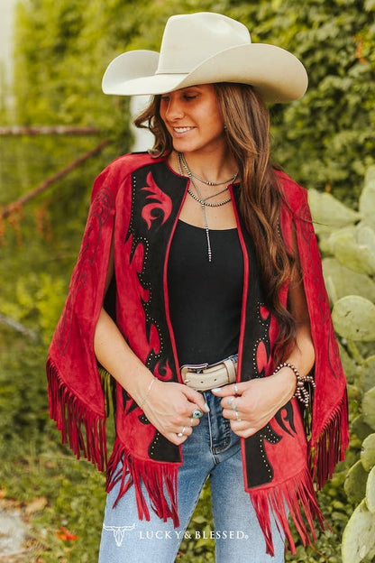 Wine Studded Black Patch Embroidered Fringe Cape