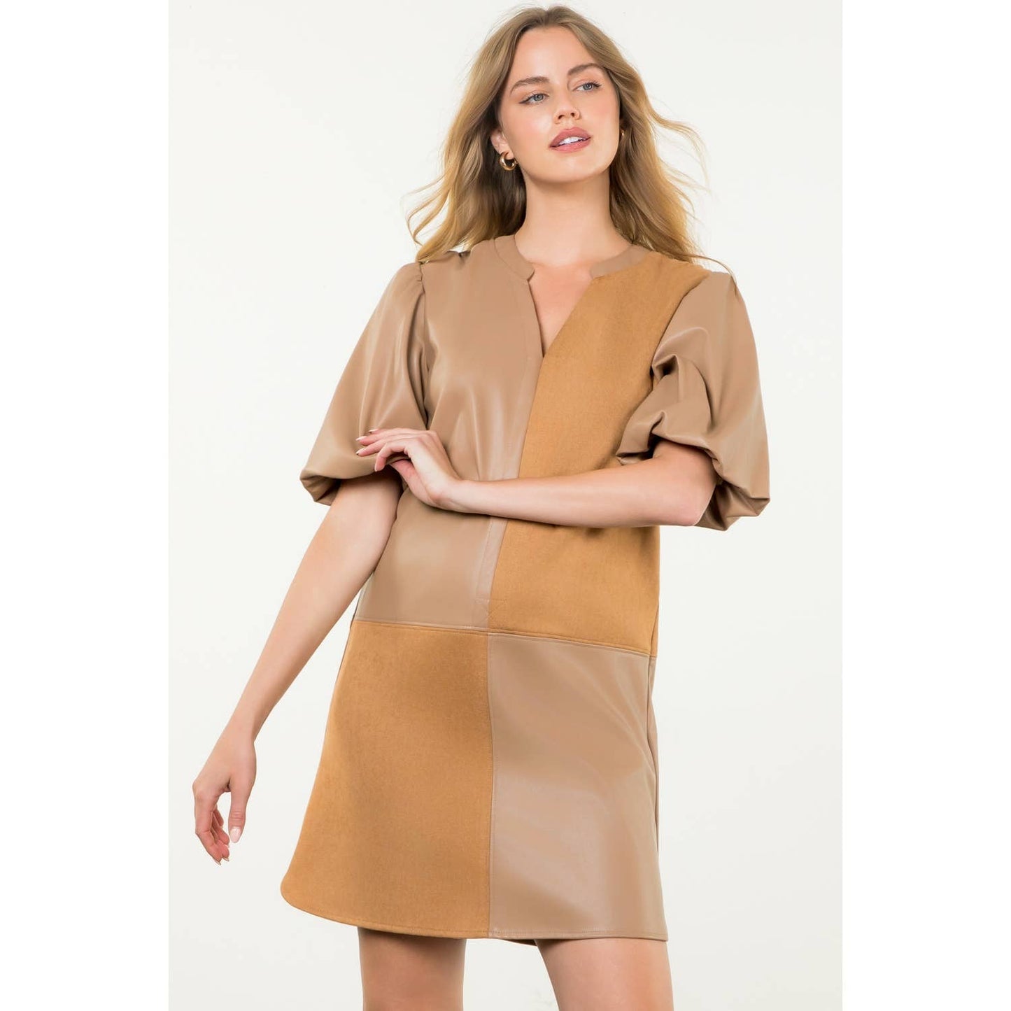 Mixed Media Puff Sleeve Dress