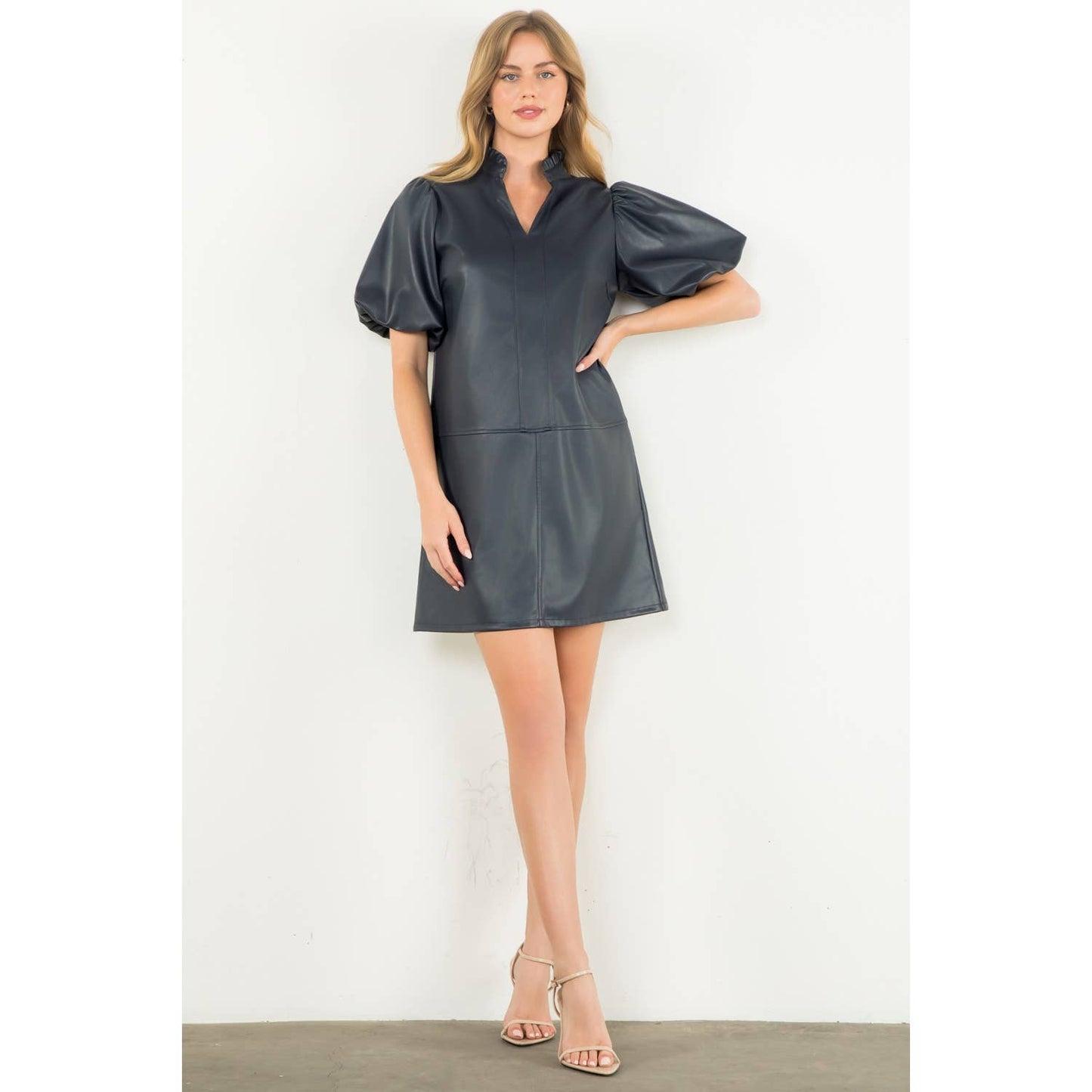 THML Navy Puff Sleeve Leather Dress
