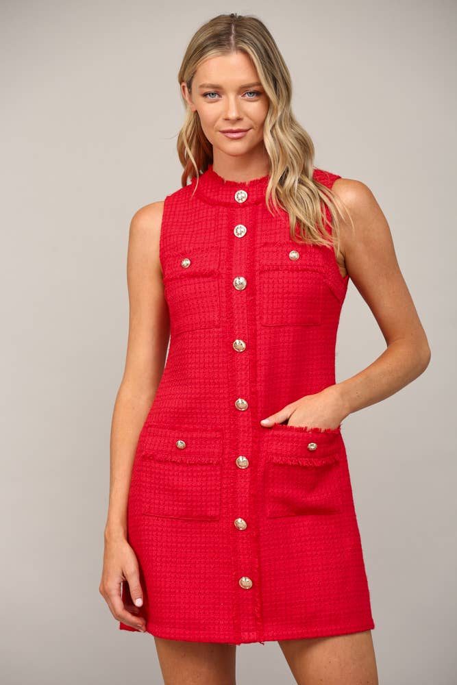 Front Pocket Sleeveless Tweed Dress