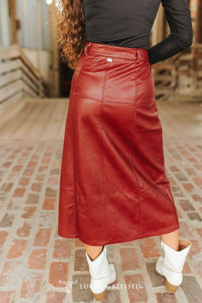 LUCKY & BLESSED Burgundy Faux Leather Pleated Western Skirt