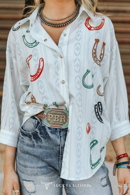 Ivory Horse Shoe Aztec Printed Button Down Top
