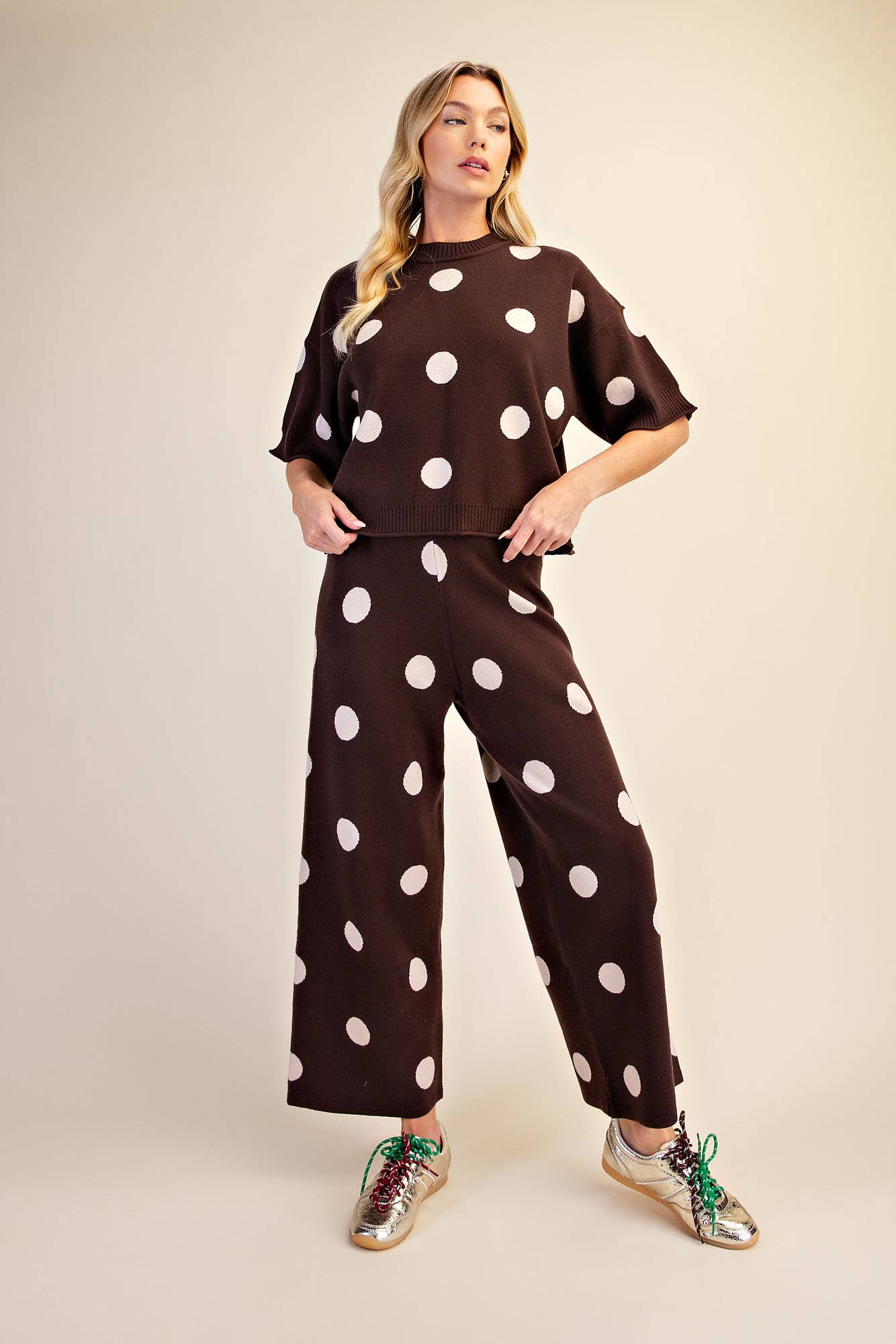 Polka Dot Round Neck Short Sleeve Sweater