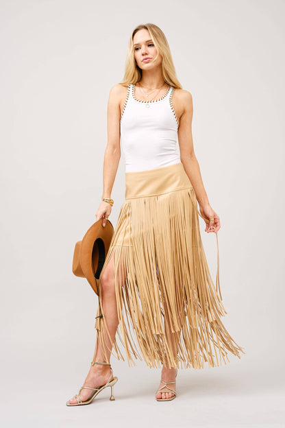 Faux Leather Tiered Fringe Maxi Skirt