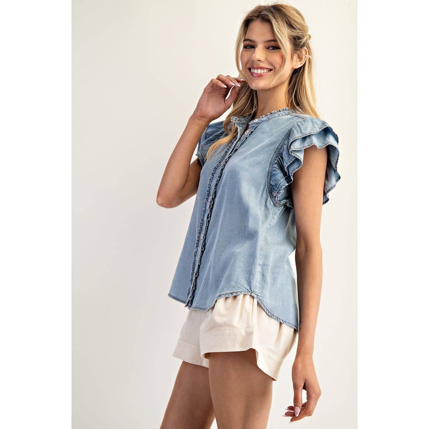 Washed Ruffle Trim Chambray Blouse
