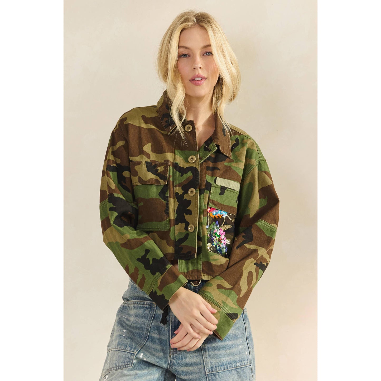 Camo Sequins Contrast Jacket