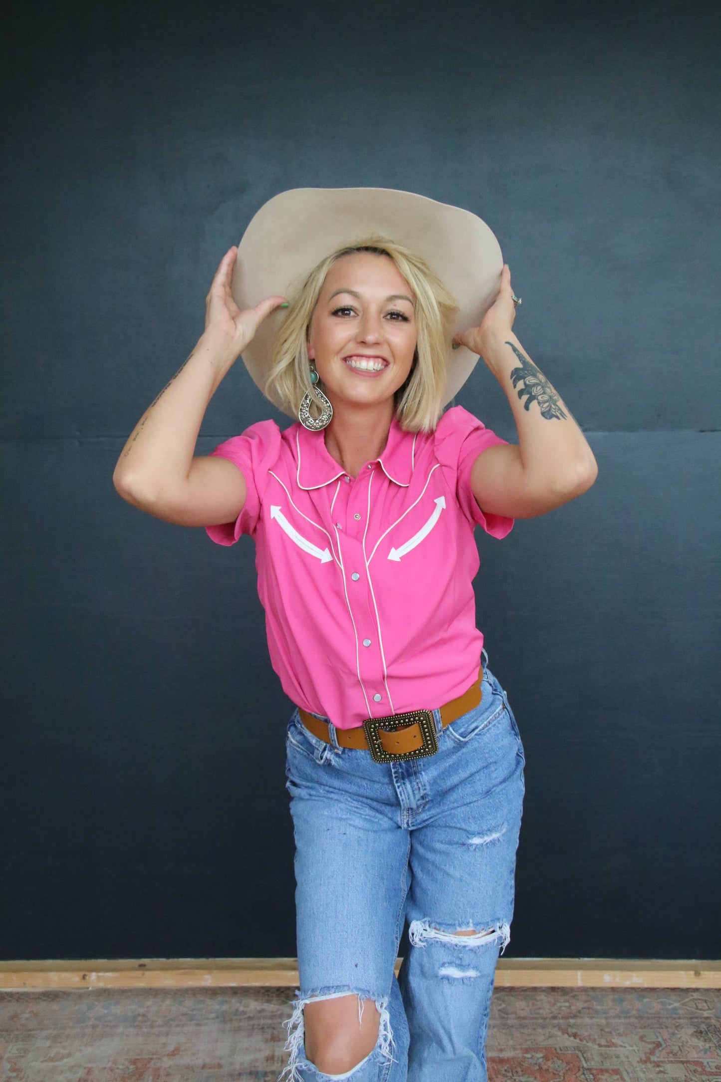 Hot Pink Short Sleeve Pearl Snap Western Blouse