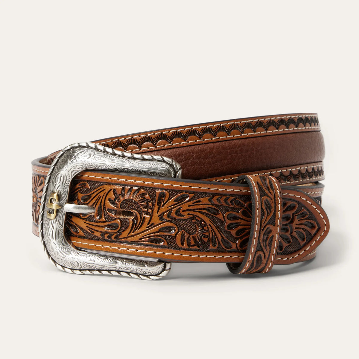 Stetson Cognac Tooled Tab Belt