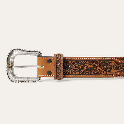 Stetson Cognac Tooled Tab Belt