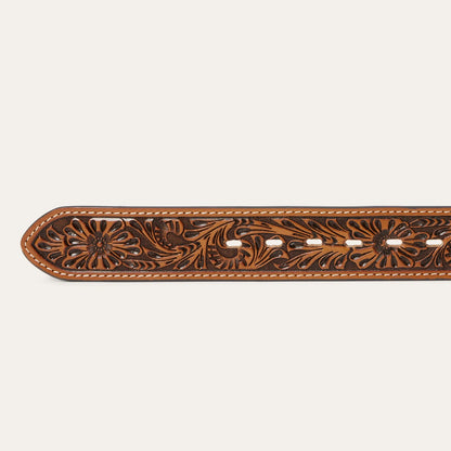 Stetson Cognac Tooled Tab Belt