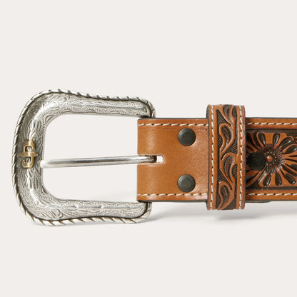 Stetson Cognac Tooled Tab Belt