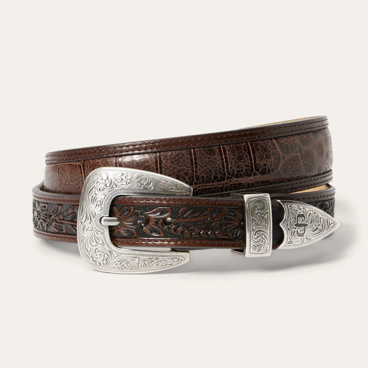Stetson Cognac Croco Print Tooled Tapered Belt