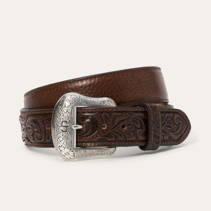 Stetson Hazelnut Bison Leather Tooled Tab Belt