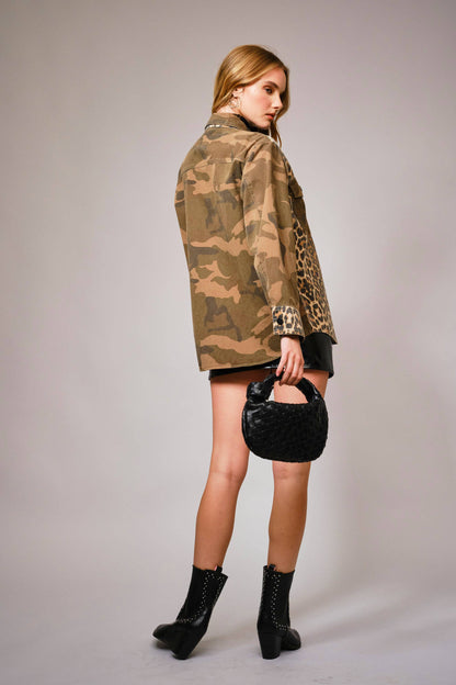 Mix Media Camo Leopard Snap Jacket
