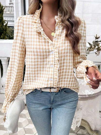 Ruffled Shirt Long-sleeve Plaid Blouse