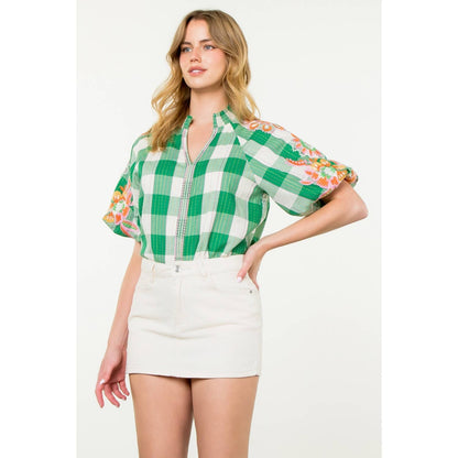 Embroidered Puff Sleeve Plaid Top