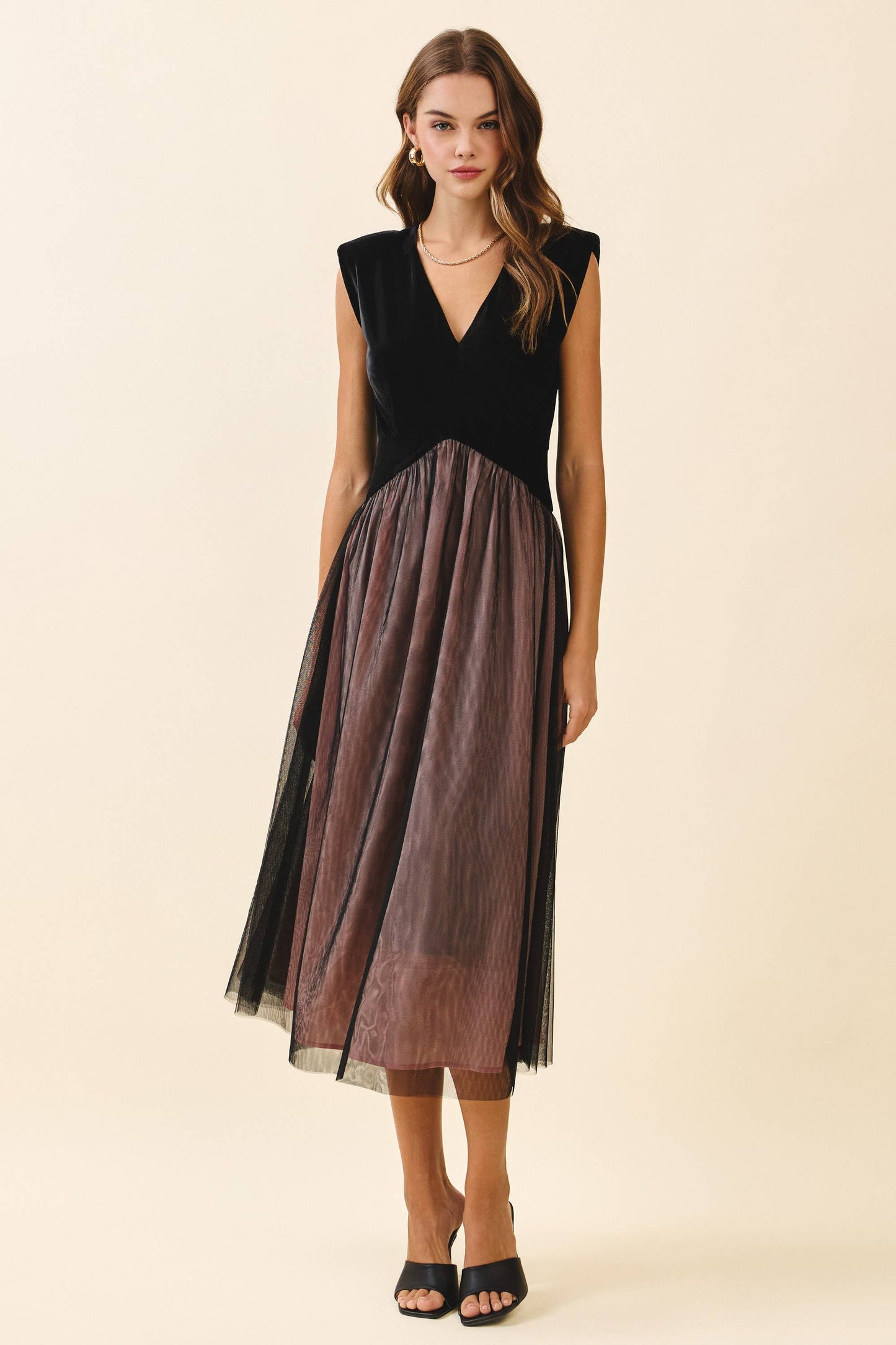 Velvet Fitted Bodice Padded Shoulder Midi Dress