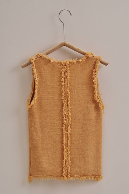 Frayed Trim Textured Knit Sleeveless Top