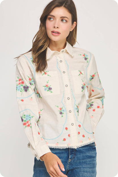 Flower Embroidery Long Sleeve Linen Shirt