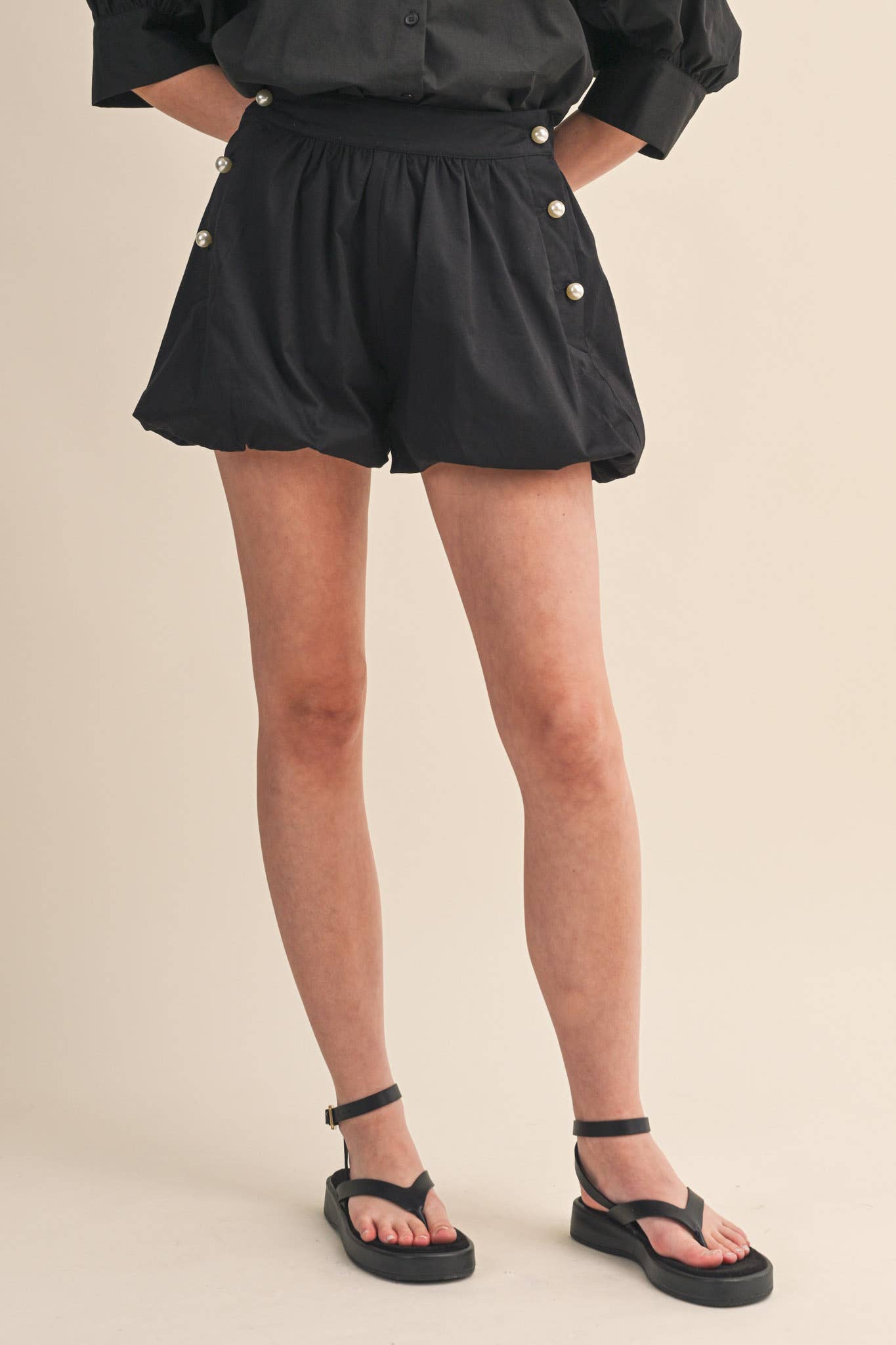 Bubble Hem Shorts With Pearl Buttons