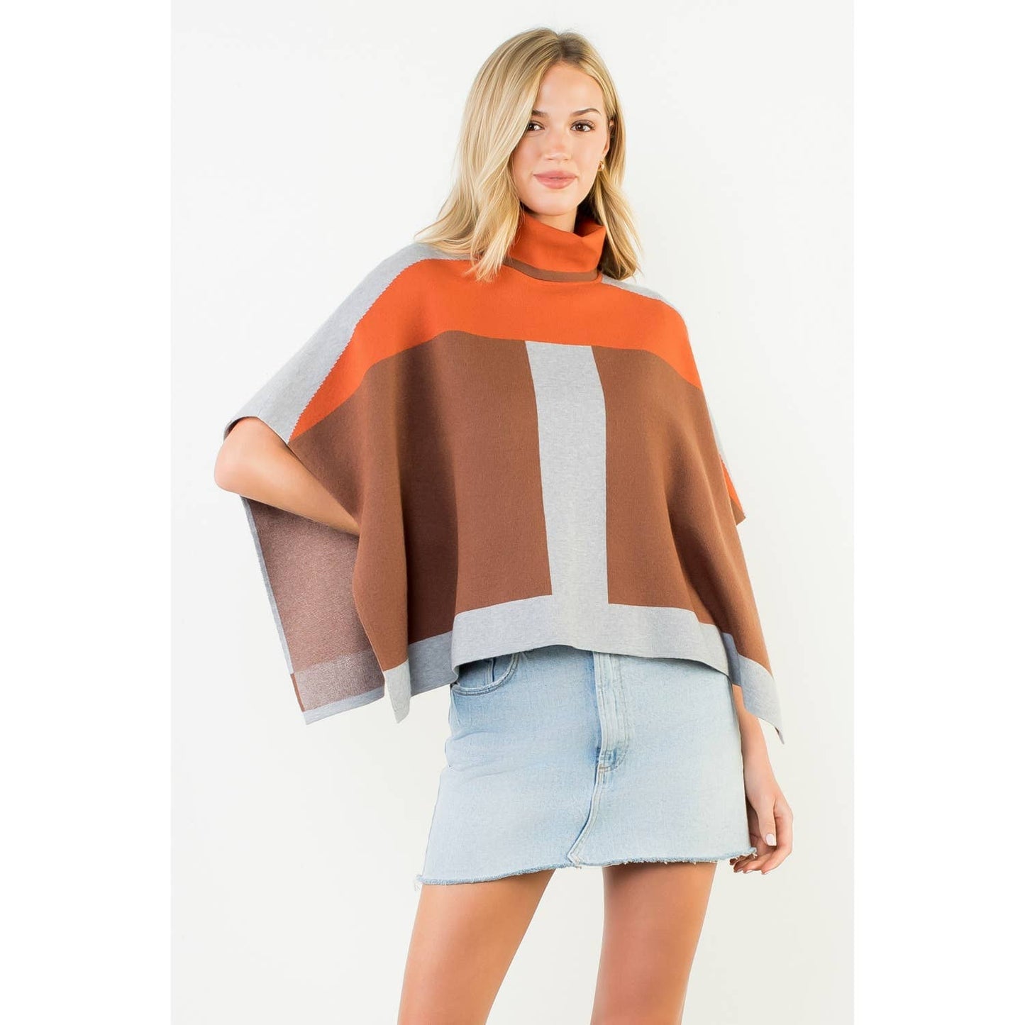 Colorblock Turtleneck Knit Poncho