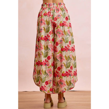 Floral Eyelet Side Elastic Waist Wide Leg Pants