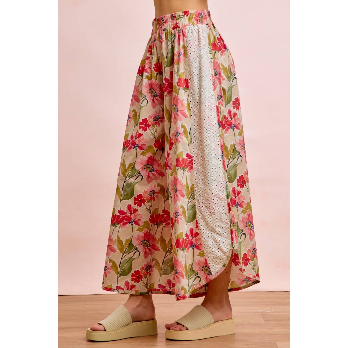 Floral Eyelet Side Elastic Waist Wide Leg Pants