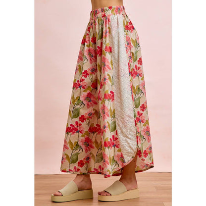 Floral Eyelet Side Elastic Waist Wide Leg Pants