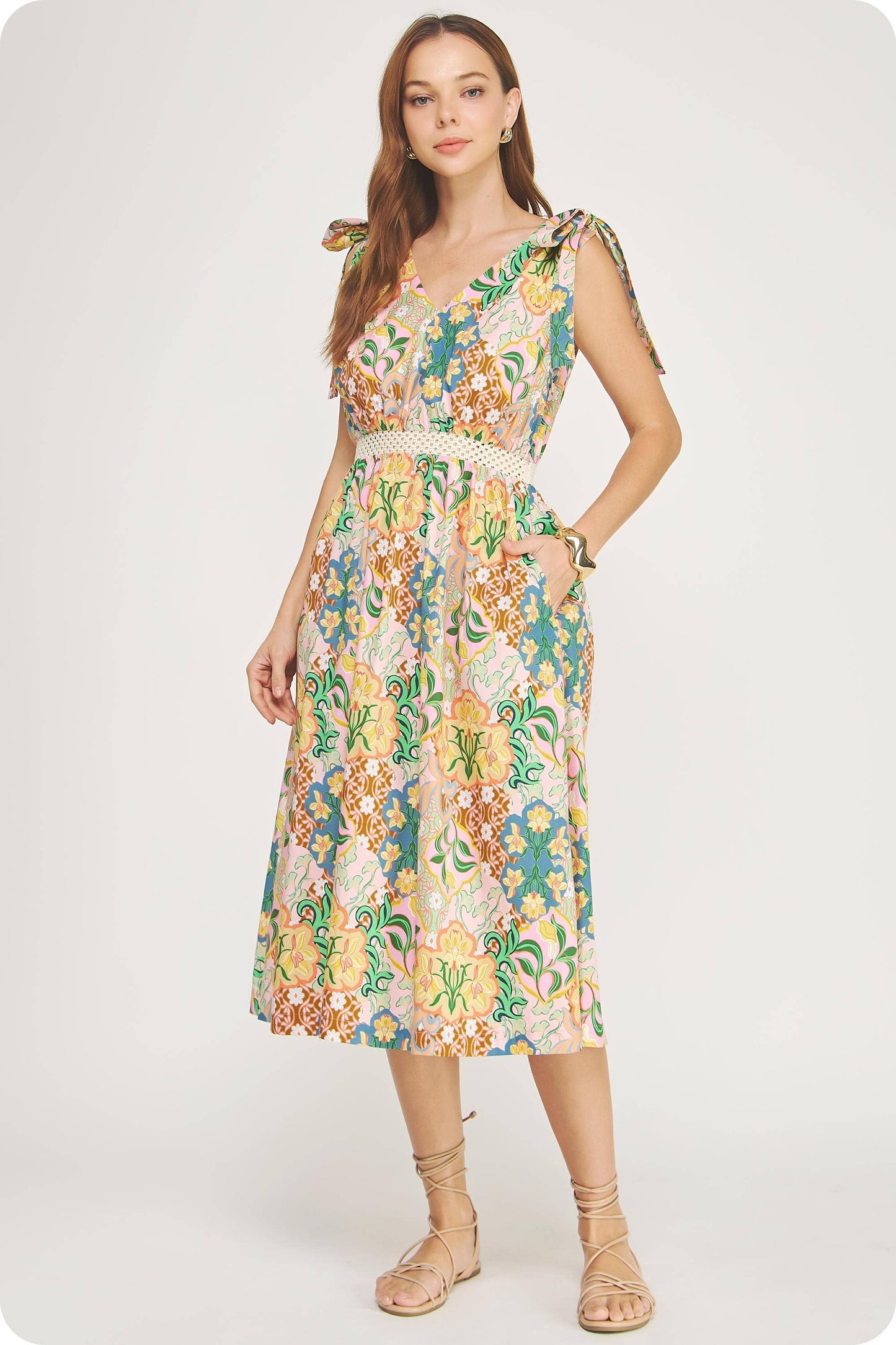 Garden Party Tie Shoulder Crochet Waist Midi Dress