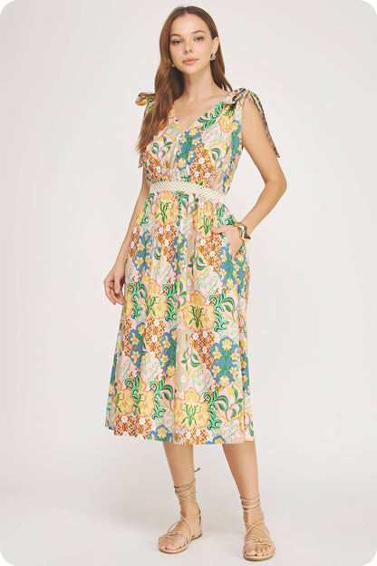 Garden Party Tie Shoulder Crochet Waist Midi Dress