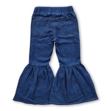 Blue Denim Elastic Waist Bell Bottom Girls Jeans