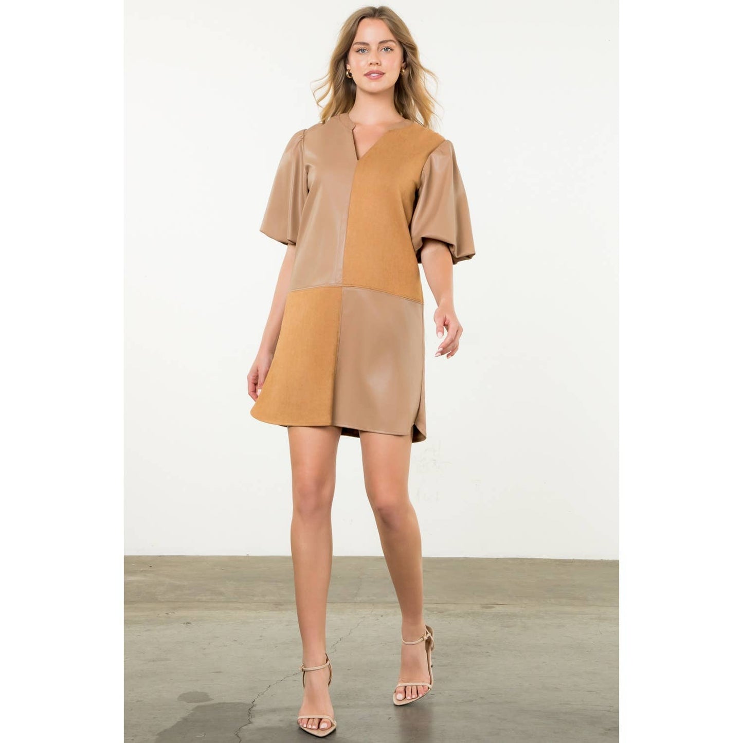 Mixed Media Puff Sleeve Dress