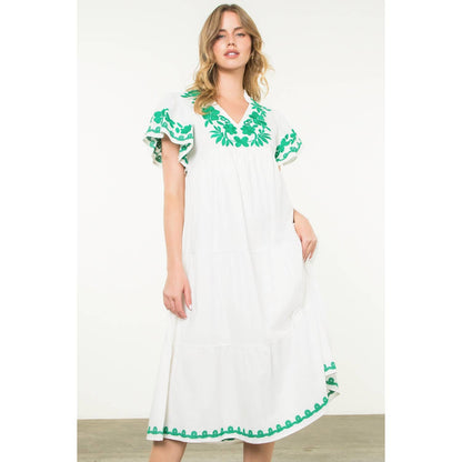 Flutter Sleeve Embroidered Dress
