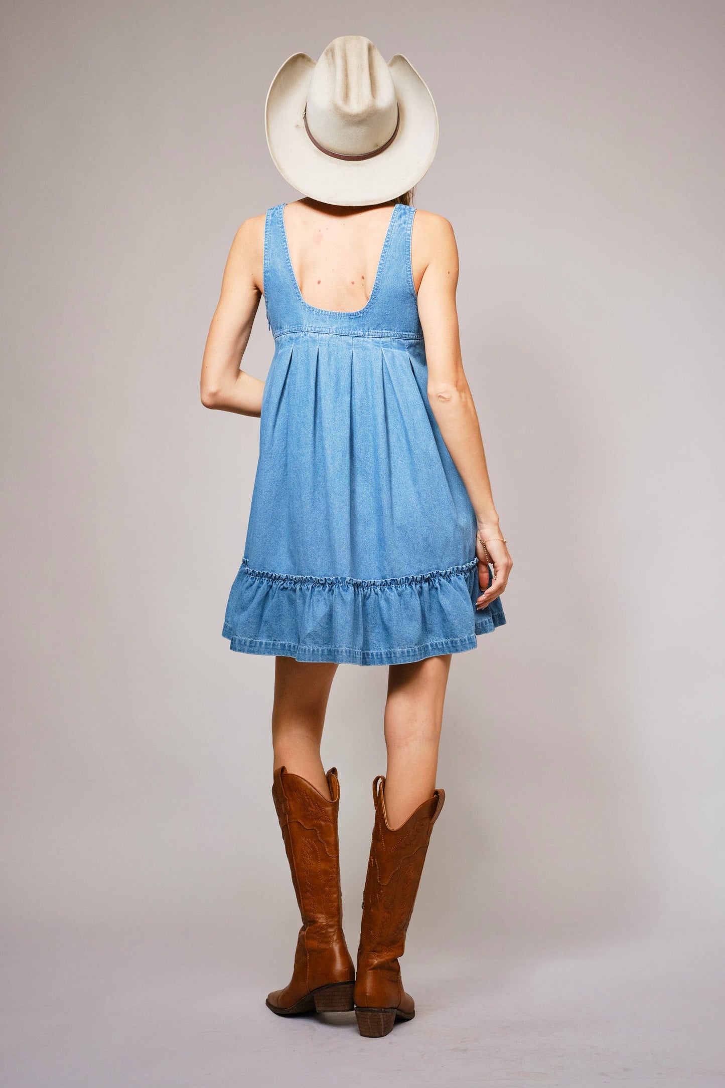 Western Buckle Strap Ruffle Denim Dress