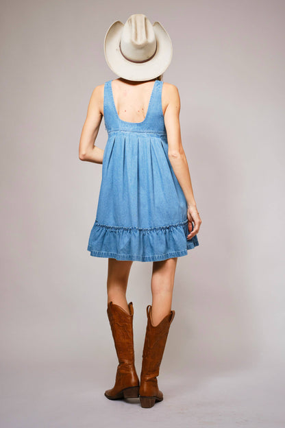 Western Buckle Strap Ruffle Denim Dress