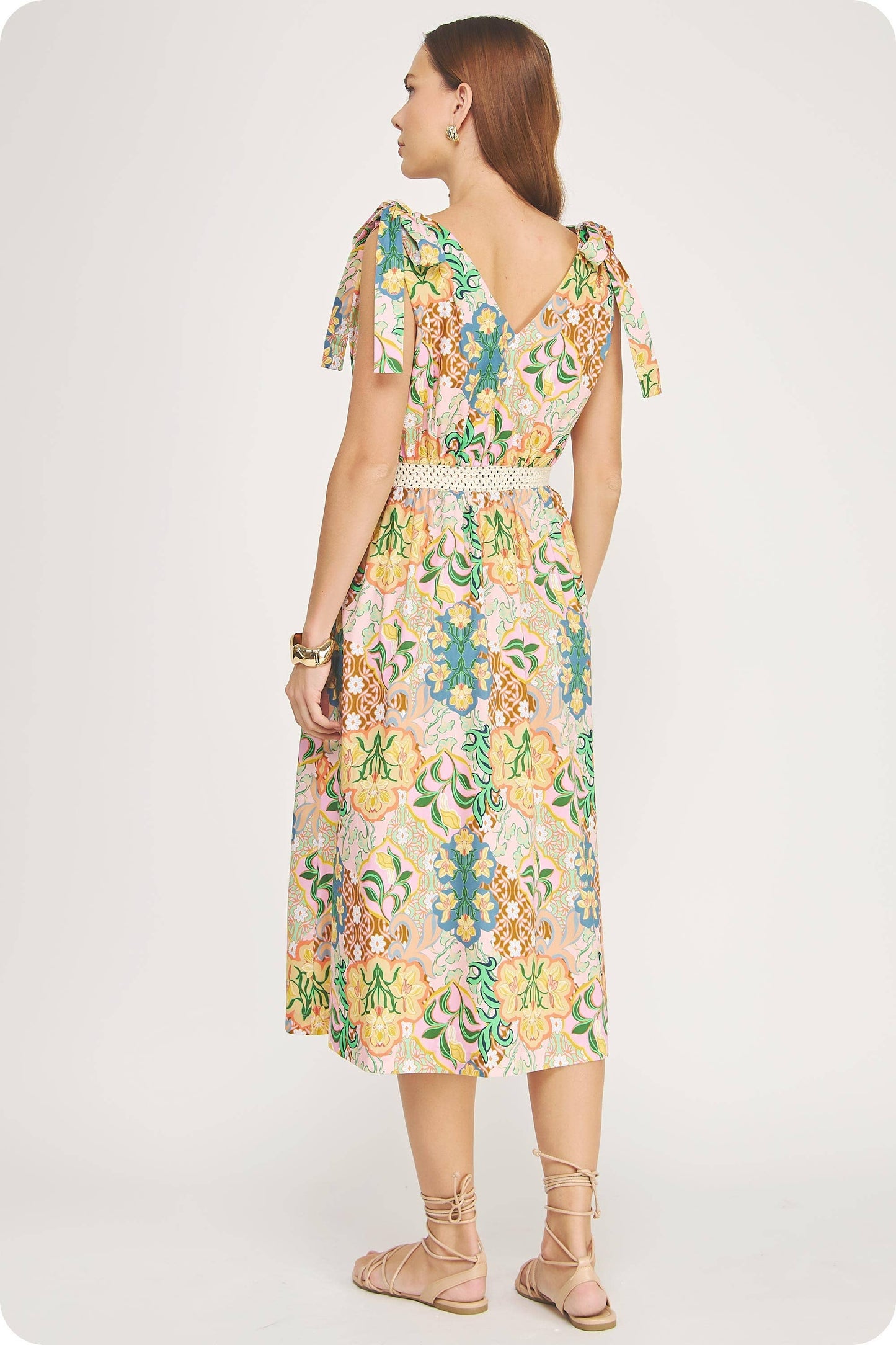 Garden Party Tie Shoulder Crochet Waist Midi Dress